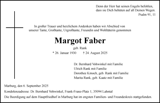 Traueranzeige von Margot Faber von GESAMT