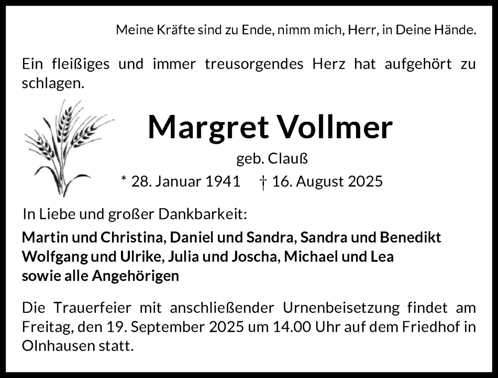  Traueranzeige für Margret Vollmer vom 06.09.2025 aus GESAMT