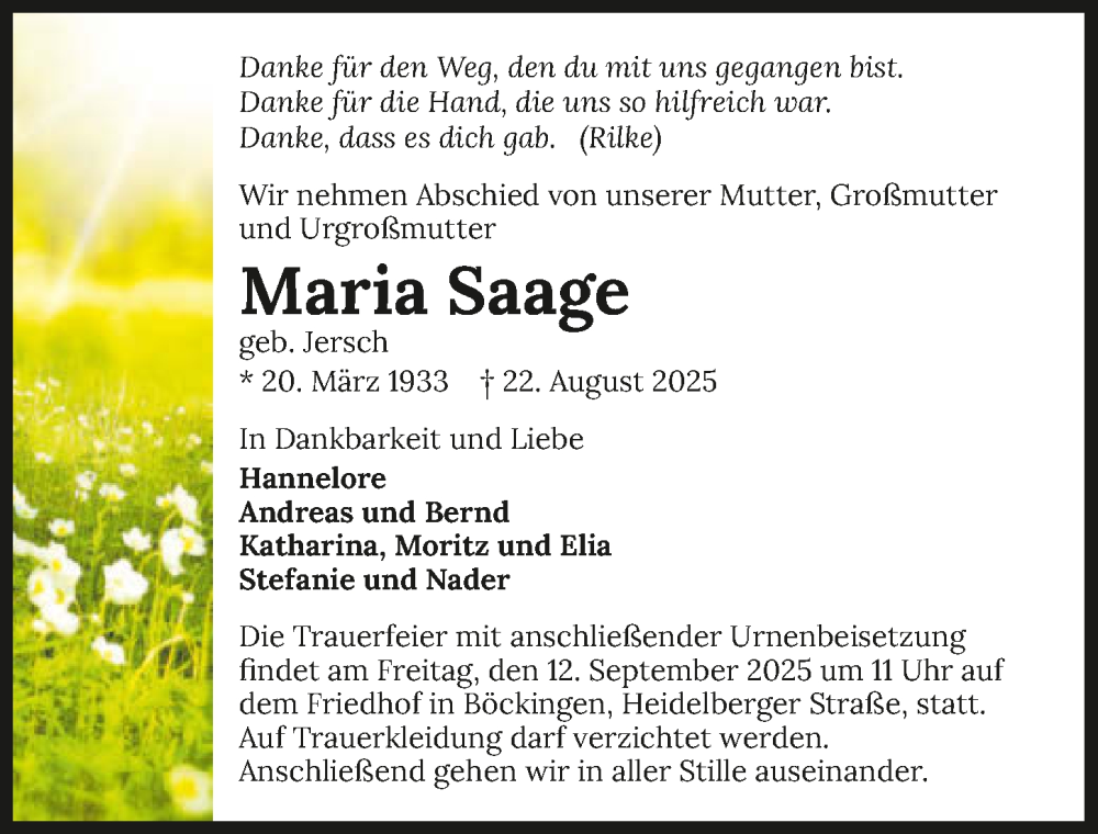  Traueranzeige für Maria Saage vom 06.09.2025 aus GESAMT