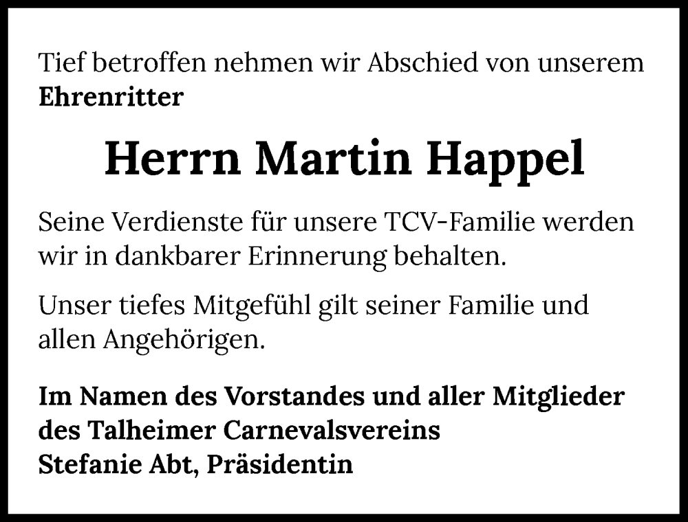  Traueranzeige für Martin Happel vom 13.09.2025 aus GESAMT