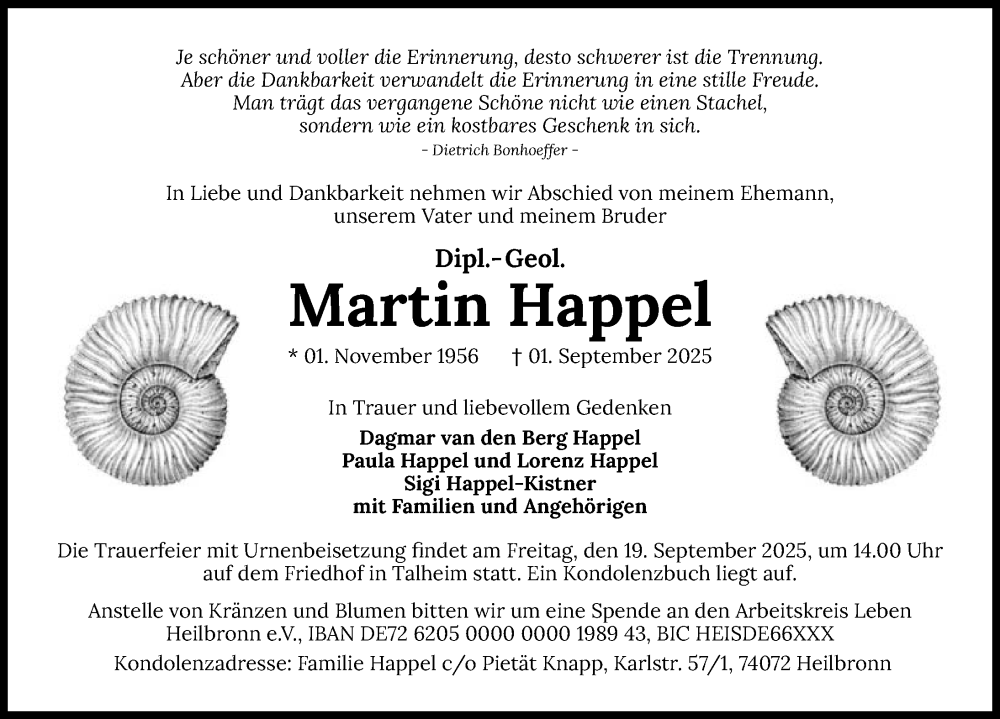  Traueranzeige für Martin Happel vom 13.09.2025 aus GESAMT