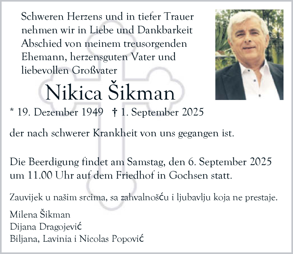 Traueranzeige für Nikica Šikman vom 05.09.2025 aus GESAMT