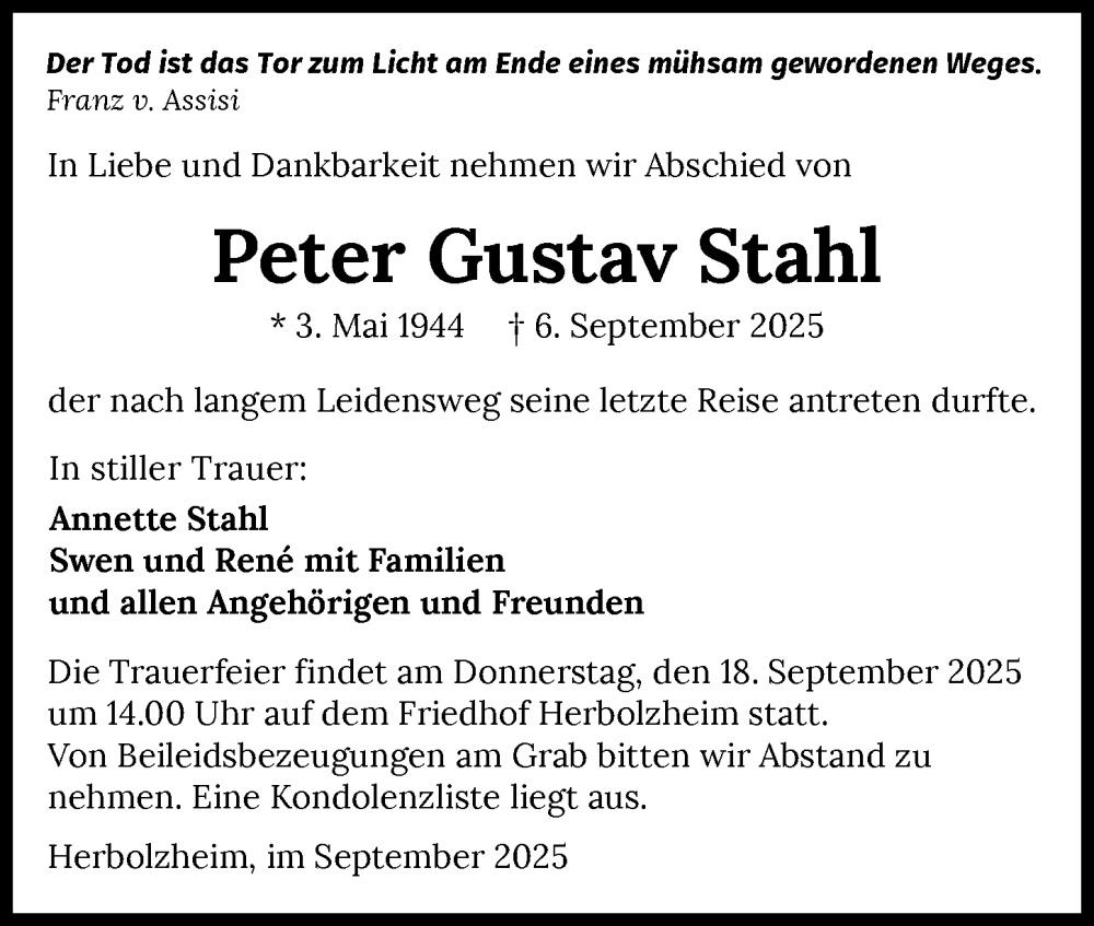  Traueranzeige für Peter Gustav Stahl vom 13.09.2025 aus GESAMT