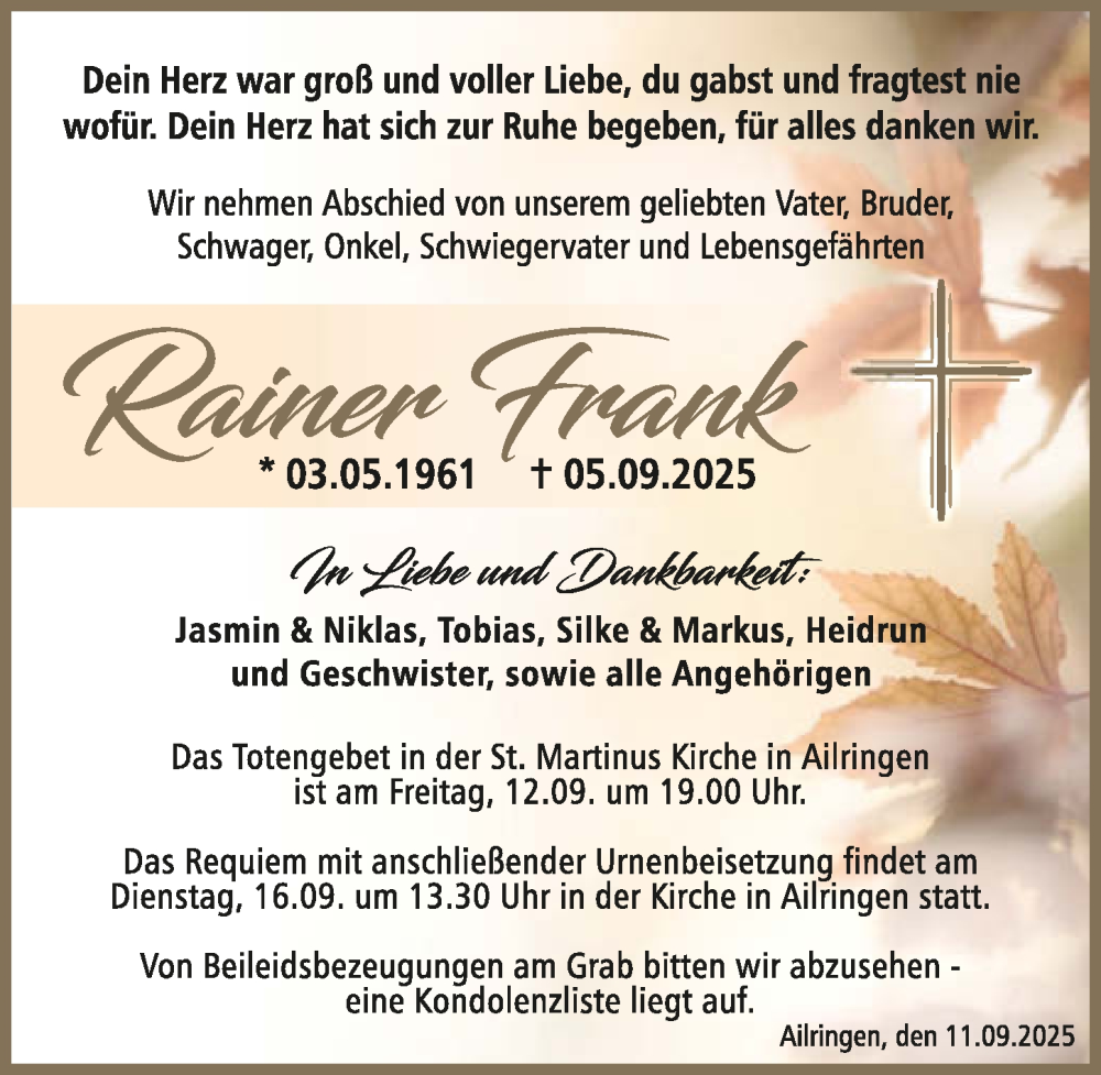  Traueranzeige für Rainer Frank vom 11.09.2025 aus GESAMT