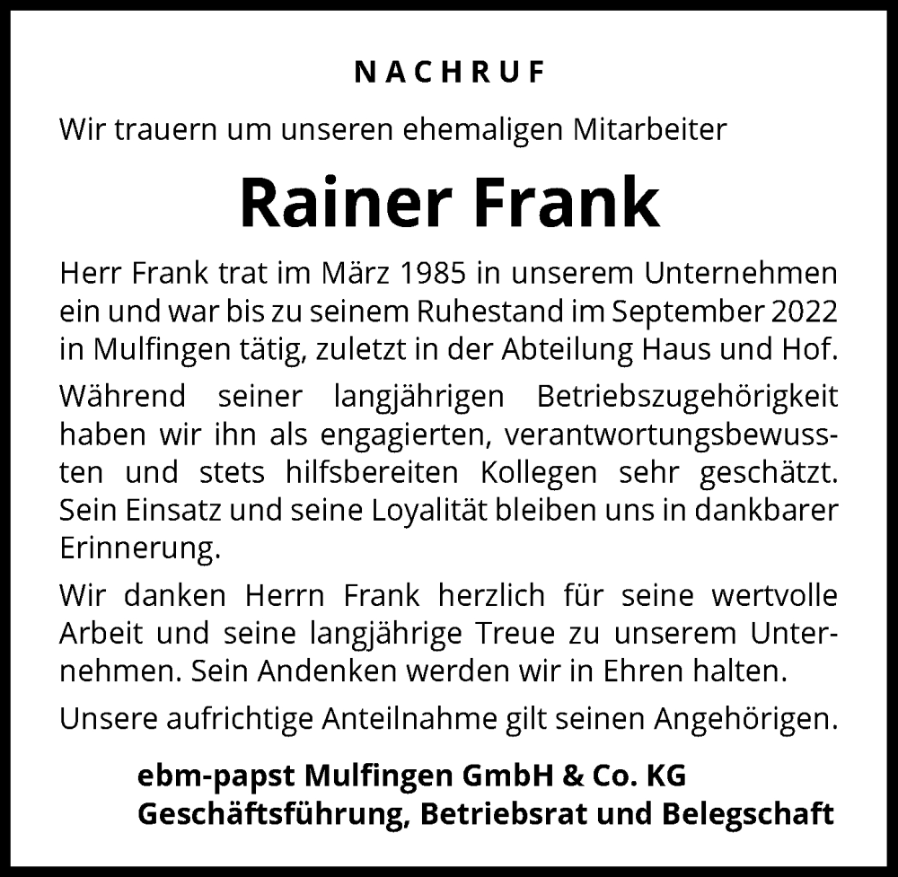  Traueranzeige für Rainer Frank vom 11.09.2025 aus GESAMT