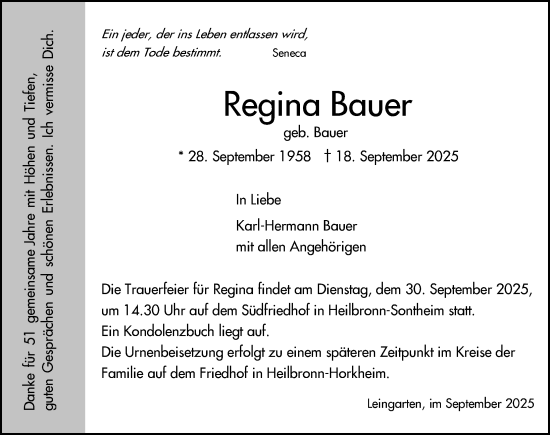 Traueranzeige von Regina Bauer von GESAMT