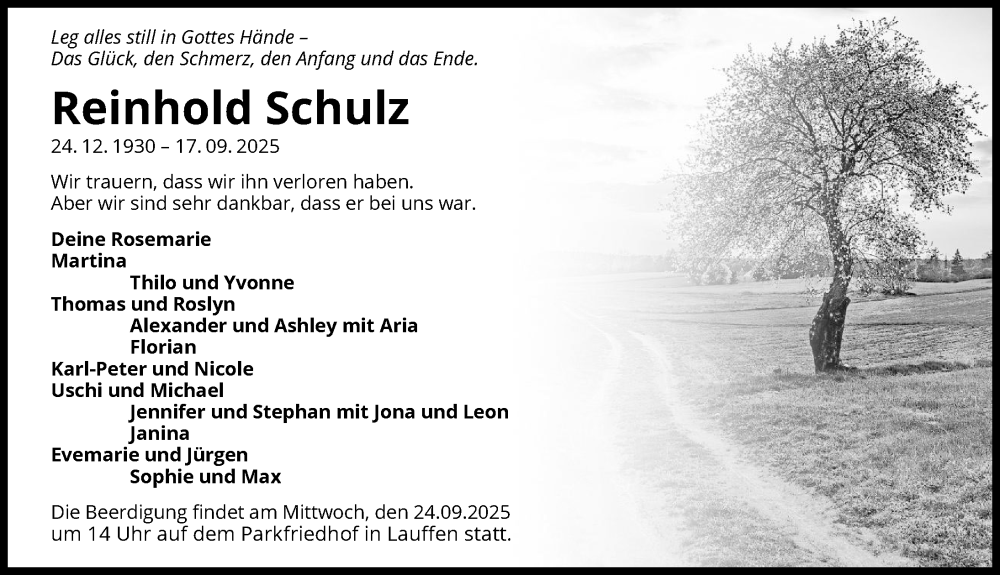  Traueranzeige für Reinhold Schulz vom 20.09.2025 aus GESAMT