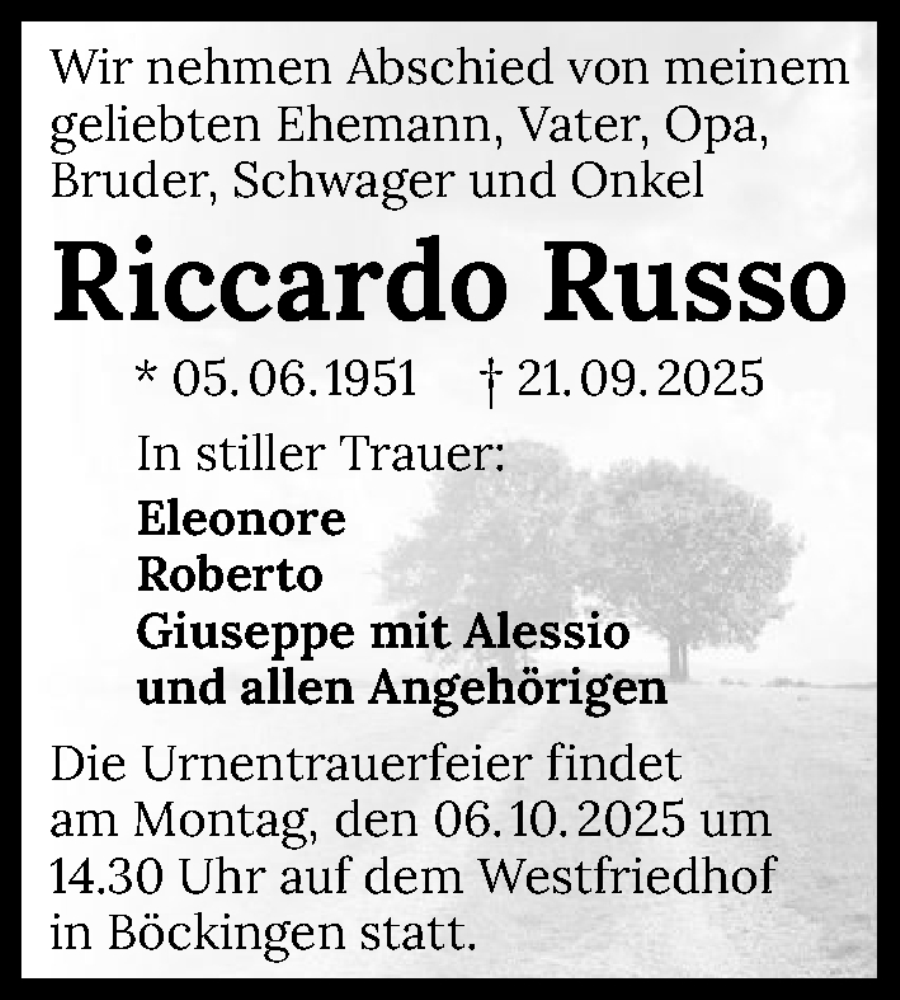  Traueranzeige für Riccardo Russo vom 27.09.2025 aus GESAMT