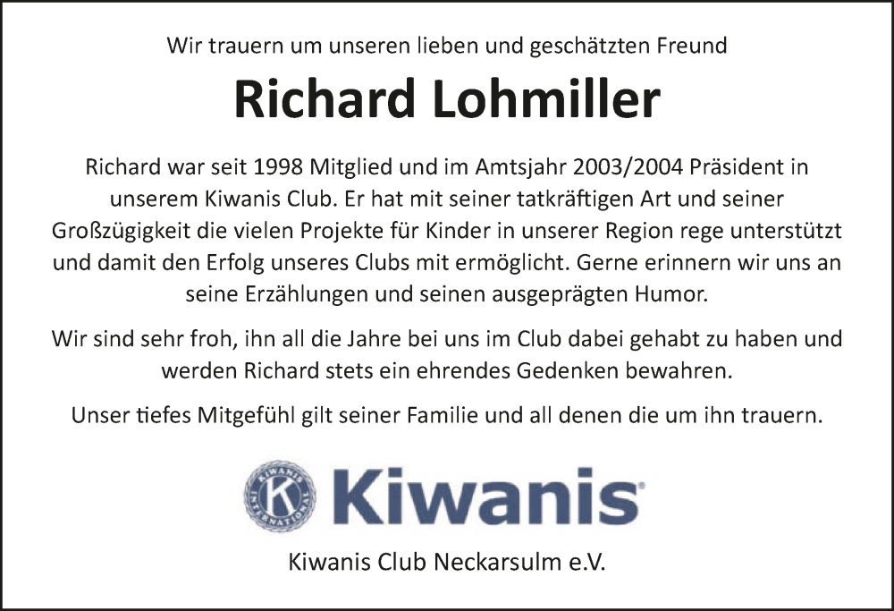  Traueranzeige für Richard Lohmiller vom 20.09.2025 aus GESAMT