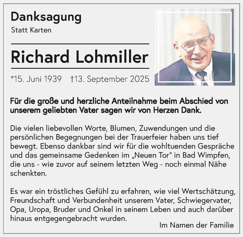  Traueranzeige für Richard Lohmiller vom 27.09.2025 aus GESAMT