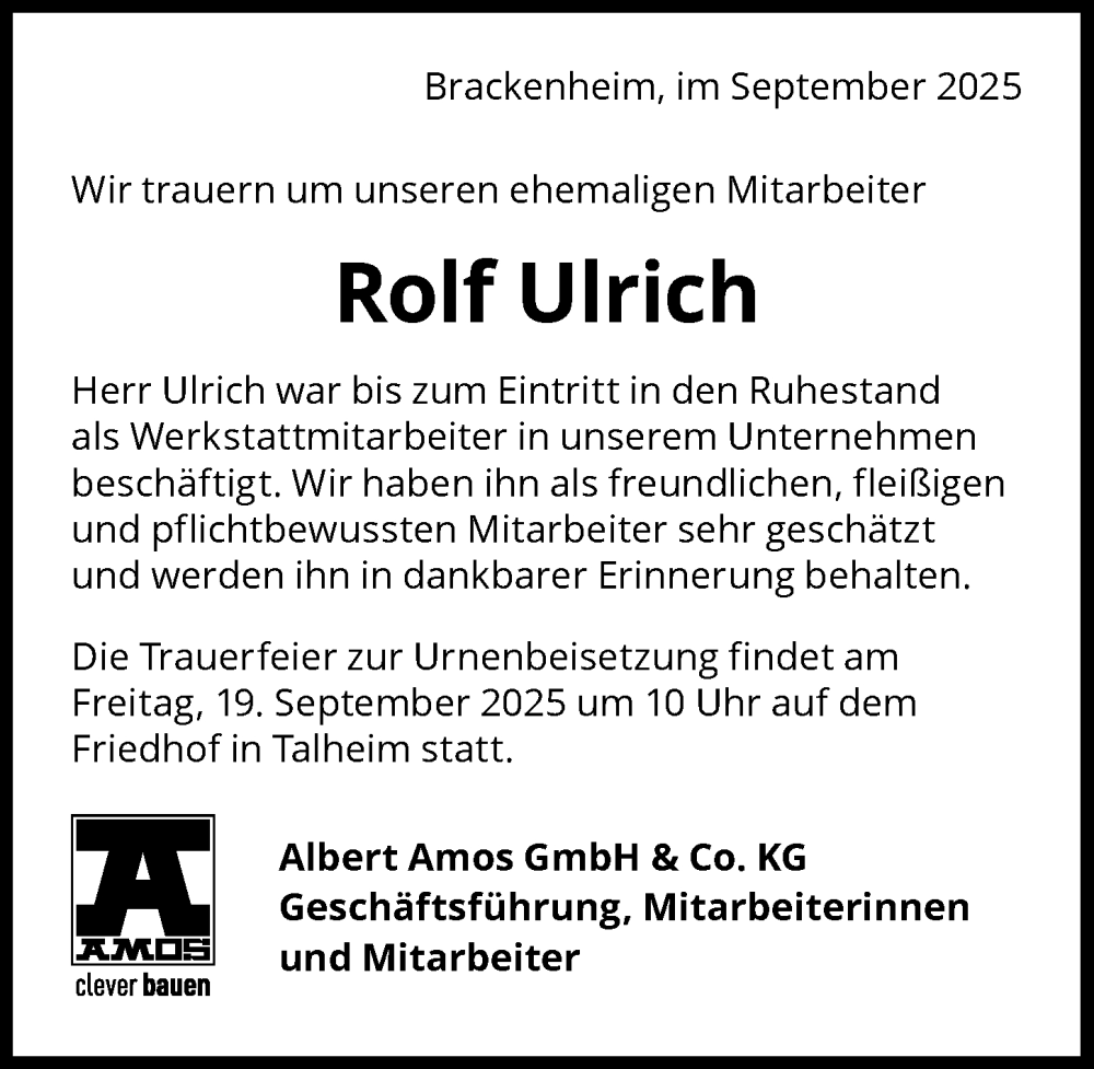 Traueranzeige für Rolf Ulrich vom 06.09.2025 aus GESAMT