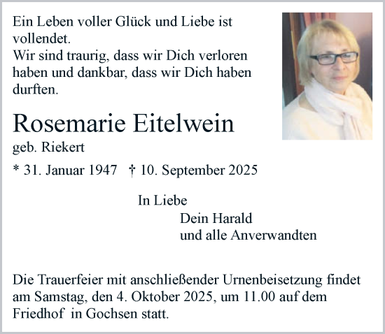 Traueranzeige von Rosemarie Eitelwein von GESAMT