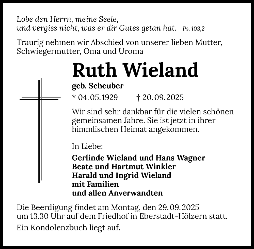  Traueranzeige für Ruth Wieland vom 27.09.2025 aus GESAMT