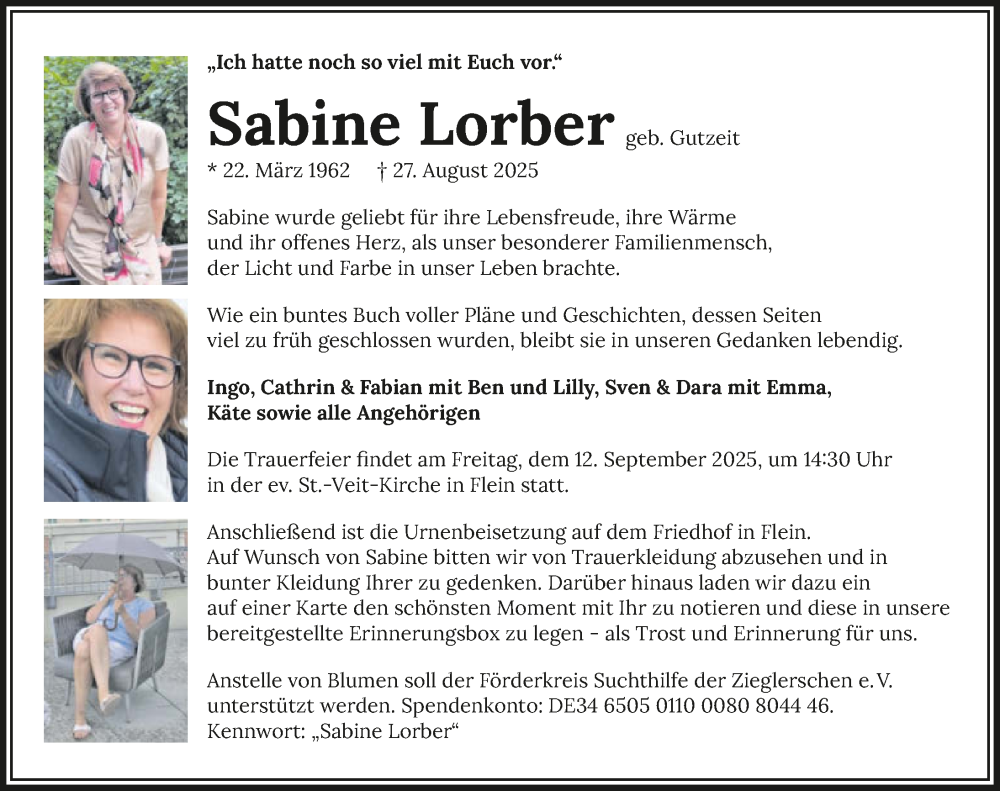  Traueranzeige für Sabine Lorber vom 06.09.2025 aus GESAMT