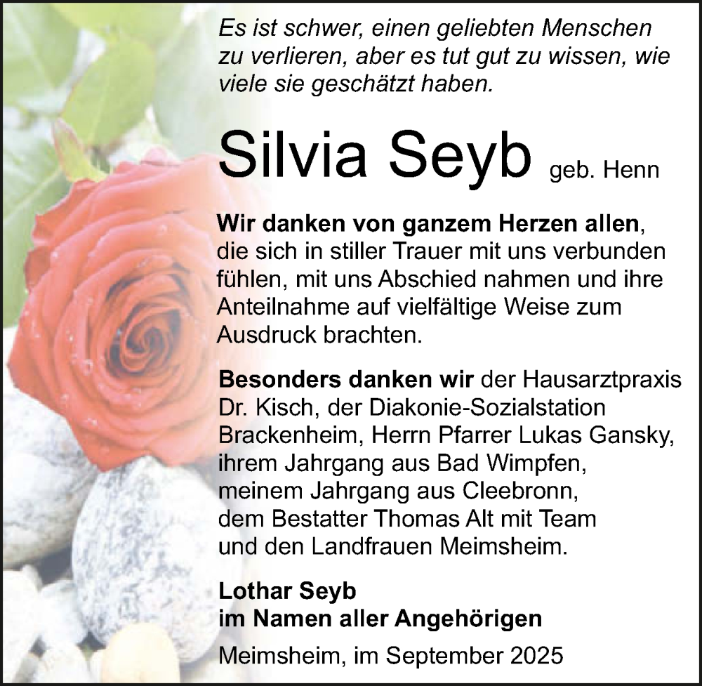 Traueranzeige für Silvia Seyb vom 27.09.2025 aus GESAMT