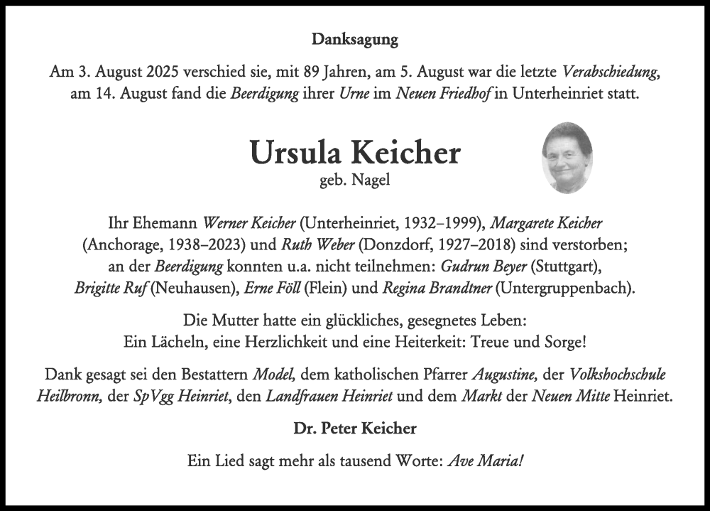  Traueranzeige für Ursula Keicher vom 20.09.2025 aus GESAMT