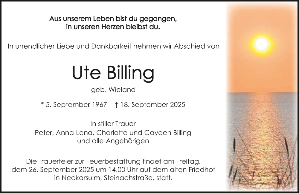  Traueranzeige für Ute Billing vom 24.09.2025 aus GESAMT