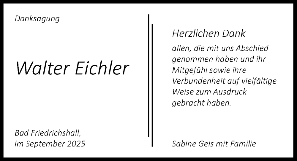  Traueranzeige für Walter Eichler vom 06.09.2025 aus GESAMT