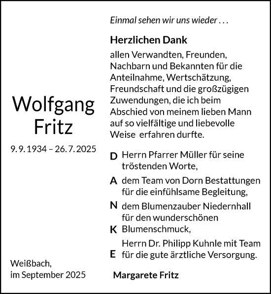 Traueranzeige von Wolfgang Fritz von GESAMT