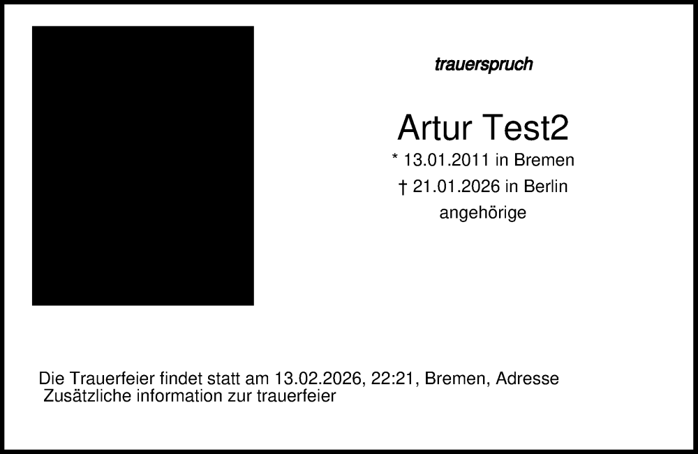  Traueranzeige für Artur Test2 vom 02.02.2026 aus Online-Ausgabe