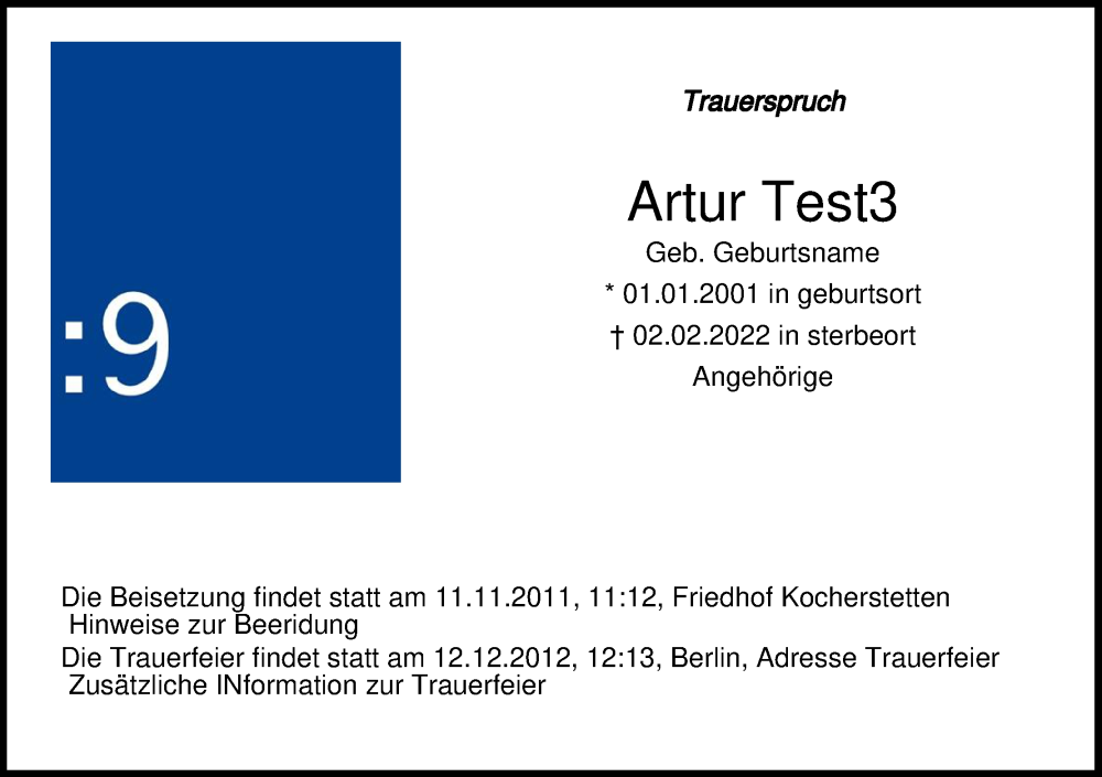  Traueranzeige für Artur Test3 vom 02.02.2026 aus Online-Ausgabe